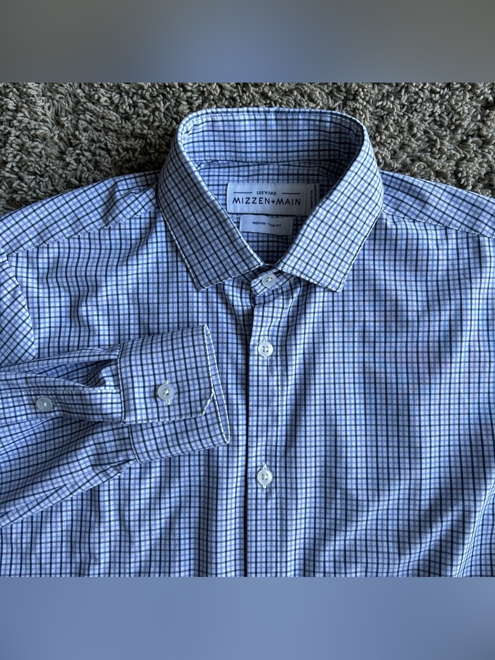 Mizzen Main Leeward Shirt Mens Medium Trim Fit Blue Gingham Check Non Iron Plaid